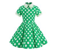 Kinder Mädchen Polka Mädchen Kleid Kurzarm Umlegekragen Swing Kleid Partykleid (Green, 5-6 Years)