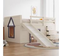 Kinderbett 140x200 Funktionsbett Hochbett Rutsche Stauraum Spielbereich Holzbett Lattenrost Leiter Rausfallschutz Kiefer Creme (ohne Matratze) 140x200 cm crema