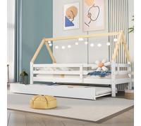 Kinderbett Fliek Hausbett 200x90cm mit Rausfallschutz und Lattenrost, Tagesbett mit Rollen unten für Mädchen & Jungen, Weiß+Naturfarbener