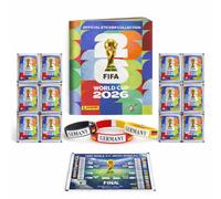 Kinderfreund Set de colección XXL del Mundial 2026 - Álbum + cromos para pegar Álbum de cromos Panini Copa del Mundo Extra, 1 plan de juego y 3 pulseras de Alemania (100 sobres / 700 cromos) Paquete