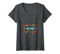 Kindergarten Día Uno: Emocionante Primera Aventura Escolar Camiseta Cuello V, Mujer, Jaspeado Oscuro, XXL