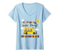 Kindergarten Here I Come 1st Day Boy Emoción Autobús Escolar Camiseta Cuello V, Mujer, Azul Bebé, XL