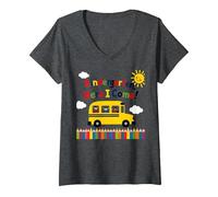 Kindergarten Here I Come 1st Day Boy Emoción Autobús Escolar Camiseta Cuello V, Mujer, Jaspeado Oscuro, L