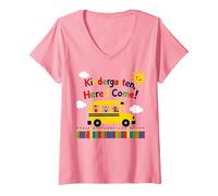 Kindergarten Here I Come 1st Day Boy Emoción Autobús Escolar Camiseta Cuello V, Mujer, Rosado, XXL