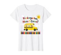 Kindergarten Here I Come 1st Day Boy Emoción Autobús Escolar Camiseta, Mujer, Blanco, S