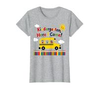 Kindergarten Here I Come 1st Day Boy Emoción Autobús Escolar Camiseta, Mujer, Gris Jaspeado, XS