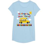 Kindergarten Here I Come 1st Day Boy Emoción Autobús Escolar Camiseta, Niñas, Azul Bebé, XS