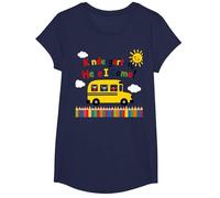 Kindergarten Here I Come 1st Day Boy Emoción Autobús Escolar Camiseta, Niñas, Azul Marino, XS