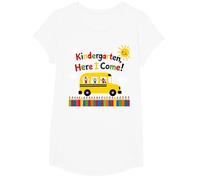 Kindergarten Here I Come 1st Day Boy Emoción Autobús Escolar Camiseta, Niñas, Blanco, Grande