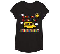 Kindergarten Here I Come 1st Day Boy Emoción Autobús Escolar Camiseta, Niñas, Negro, XS