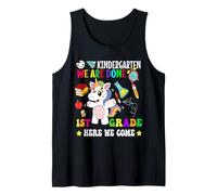 Kindergarten We Are Done 1er Grado Here We Come Cute Unicorn Camiseta sin Mangas