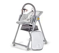 Kinderkraft LASTREE Trona Bebé de madera evolutiva plegable, Hamaca para bebés con Arco 2 juguetes, Asiento reposapiés ajustable, Posición tumbada, Gris