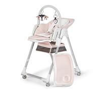 Kinderkraft LASTREE Trona Bebé de madera evolutiva plegable, Hamaca para bebés con Arco 2 juguetes, Asiento reposapiés ajustable, Posición tumbada, Rosa