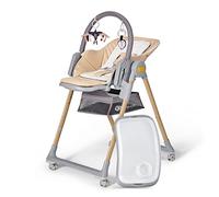 Kinderkraft LASTREE Trona Bebé de madera evolutiva plegable, Hamaca para bebés con Arco 2 juguetes, Asiento reposapiés ajustable, Posición tumbada, Beige