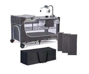 Kinderkraft LEODY Acc Cuna de Viaje Bebe 120 x 60 cm, con Móvil Cuna Sonido Juguetes, Sistema de Plegado rápido y fácil, Dos Alturas, con Bolsa de Transporte, Gris
