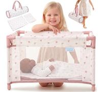 Kinderplay Cama de viaje plegable para muñecas de hasta 46 cm, con bolsa de transporte y ropa de cama, cama para muñecas para Baby Born y Baby Annabell, juguete ligero, cuna de viaje con lados de red