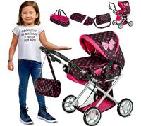 Kinderplay Cochecito de muñecas 3 en 1 - Marco de aluminio ligero y ruedas de espuma silenciosas - Altura ajustable 33 - 62 cm - Para muñecas de hasta 40 cm - Con bolsa de transporte y bolsa de hombro