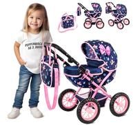 Kinderplay Cochecito de muñecas profundo - Mango ajustable en altura 33 - 63 cm, ruedas de espuma, plegable - a partir de 3 años - con bolsa y cesta inferior - para muñecas de hasta 41 cm