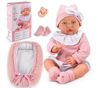 Kinderplay Lili Muñeca de 41 cm con cuerpo blando, efectos de sonido y chupete, incluye nido reversible de 43 cm, biberones y ropa - Muñeca realista, juego de rol, regalo para niñas a partir de 3 años