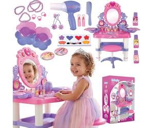 Kinderplay Tocador Infantil Rosa con Varita mágica y Accesorios, tocador para niñas con Espejo, cajón, Taburete y Juego de Maquillaje, Juguete de Juego de rol, KP8846