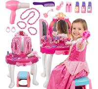 Kinderplay Tocador Rosa para niños con Varita mágica y Accesorios, tocador para niñas con Espejo, cajón, Taburete y Juguetes de Maquillaje, KP8846