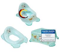 KiNDERWELT Premium Set da 3 - Design Aqua Funny Farm per neonati e bambini piccoli - Sedile WC, sgabello con gradino, vasino - Funzione antiscivolo - Senza BPA