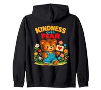 Kindness Over Fear Cute Bear in Overol Retro Graphic Sudadera con Capucha