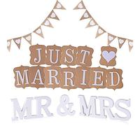 KINDPMA Mr y Mrs Letras Madera Blanca Decoración Mesa de Boda con Guirnalda Bandera Just Married Banderines Tarjetas Arpillera Bunting Banner para Wedding Decoration