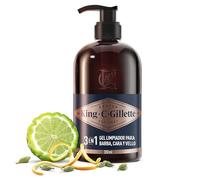 King C. Gillette Gel 3 en 1 para Barba, Rostro y Pelo Hombre con Agua de Coco, Aceite de Argán y Aceite de Aguacate, Limpia e Hidrata, Aroma Refrescante, Cuidado de La Barba, 350 ml