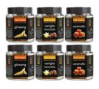 King Cup - 6 Tarros Multi sabor de Café Soluble Surtido, 2 x Caramelo, 2 x Ginseng, 2 x Vainilla y Avellana, Café Aromatizado Instantáneo, Ideal para Desayunos, Brunch, Iced Coffee, Sin Gluten, Vegano
