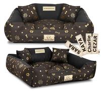 KING DOG Cama para perros 75 x 65 cm personalizada impermeable con patrón de hueso dorado