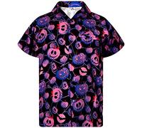 King Kameha Camisa de Halloween para hombre con estampado digital 3D de calabazas y esqueleto, camisa de manga corta con botones, 4XL