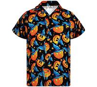 King Kameha Camisa de Halloween para hombre con estampado digital 3D de calabazas y esqueleto, camisa de manga corta con botones, Sombrero de calabaza, multicolor, 3XL