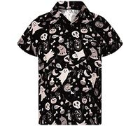 King Kameha Camisa de Halloween para hombre con estampado digital 3D de calabazas y esqueleto, camisa de manga corta con botones, 6XL