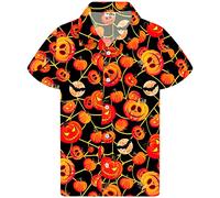 King Kameha Camisa de Halloween para hombre con estampado digital 3D de calabazas y esqueleto, camisa de manga corta con botones, L
