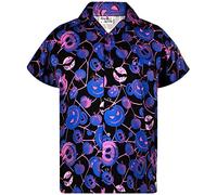 King Kameha Camisa de Halloween para hombre, impresión digital 3D, calabazas, esqueleto, manga corta, con botones, Diseño de tela de calabaza, azul, L