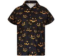 King Kameha Camisa de Halloween para hombre, impresión digital 3D, calabazas, esqueleto, manga corta, con botones, Pumpkin Allover Black, 3XL