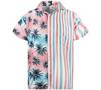 KING KAMEHA Camisa hawaiana funky para hombre, informal, con botones, muy fuerte, manga corta, rayas, mezcla de flores, palmeras, unisex, Rayas mixtas, rosas, azules, palmeras, Small