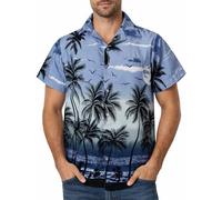 King Kameha Camisa Hawaiana Hombre - Camisa Verano Hombre con Estampado de Spiaggia, Camisas Hawaianas De Manga Corta Ligera y fácil de cuidar - Beach, Grey, XXL