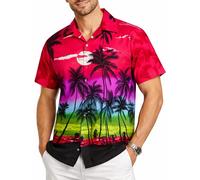 King Kameha Camisa Hawaiana Hombre - Camisa Verano Hombre con Estampado de Spiaggia, Camisas Hawaianas De Manga Corta Ligera y fácil de cuidar - Beach, Pink, XXL