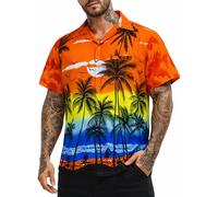 King Kameha Camisa Hawaiana Hombre - Camisa Verano Hombre con Estampado de Spiaggia, Camisas Hawaianas De Manga Corta Ligera y fácil de cuidar - Beach, Orange, XL