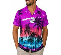 King Kameha Camisa Hawaiana Hombre - Camisa Verano Hombre con Estampado de Spiaggia, Camisas Hawaianas De Manga Corta Ligera y fácil de cuidar - Beach, Purple, L