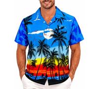 King Kameha Camisa Hawaiana Hombre - Camisa Verano Hombre con Estampado de Spiaggia, Camisas Hawaianas De Manga Corta Ligera y fácil de cuidar - Beach, Blue, M