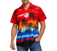 King Kameha Camisa Hawaiana Hombre - Camisa Verano Hombre con Estampado de Spiaggia, Camisas Hawaianas De Manga Corta Ligera y fácil de cuidar - Beach, Red, XL