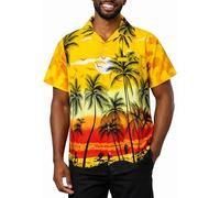 King Kameha Camisa Hawaiana Hombre - Camisa Verano Hombre con Estampado de Spiaggia, Camisas Hawaianas De Manga Corta Ligera y fácil de cuidar - Beach, Yellow, 4XL