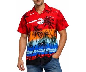 King Kameha Camisa Hawaiana Hombre - Camisa Verano Hombre con Estampado de Spiaggia, Camisas Hawaianas De Manga Corta Ligera y fácil de cuidar - Beach, Red, 5XL