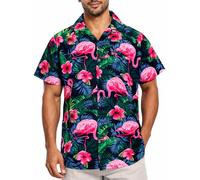 King Kameha Camisa Hawaiana Hombre de Manga Corta con Estampado de de Flamenco Colorido, Flamingo-Flowers, Negro-Rosa, 6XL