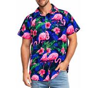King Kameha Camisa Hawaiana Hombre de Manga Corta con Estampado de de Flamenco Colorido, Flamingo-Flowers, Marino-Rosa, 3XL