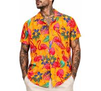 King Kameha Camisa Hawaiana Hombre de Manga Corta con Estampado de de Flamenco Colorido, Funky-Flamingos, Amarillo, XXL