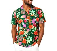 King Kameha Camisa Hawaiana Hombre de Manga Corta con Estampado de de Flamenco Colorido, Funky-Flamingos, Verde-Oscuro, XL